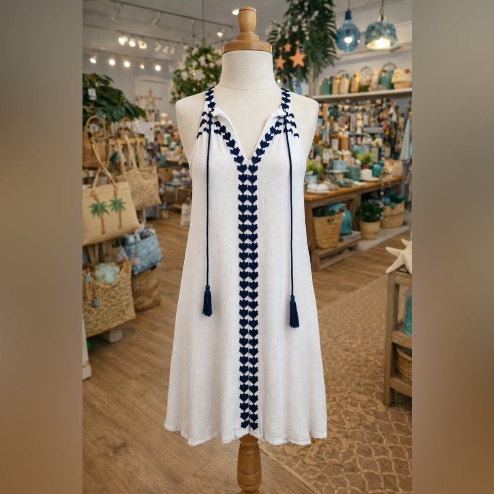 White Sundress Dress with Navy Embroidery